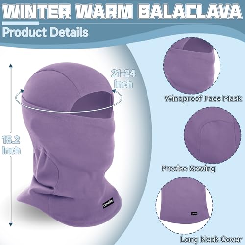 Balaclava Ski Mask for Men Women, Warm Fleece Face Mask Full Cover for Cold Weather Skiing Cycling, Ponytail Friendly - color: Light Purple