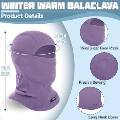 Balaclava Ski Mask for Men Women, Warm Fleece Face Mask Full Cover for Cold Weather Skiing Cycling, Ponytail Friendly - color: Light Purple