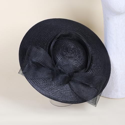 HIMESPORT Straw Cocktail Fascinators Hat for Women Ladies Wide Brim Church Wedding Bride Derby Tea Party Hats with Mesh Bow - color: Black