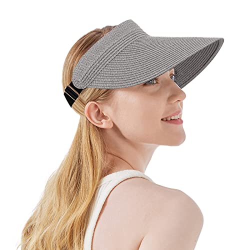 Women Summer Sun Hat Lady's Portable Beach Visor Bowknot Straw Hat - color: Grey 6