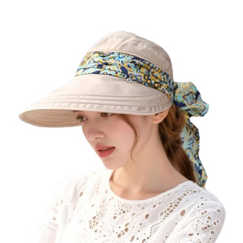 Women Wide Brim Sun Hat Multifunctional Beach Hat Foldable Sun Visor with Removable Neck Flap Bowknot - color: Khaki