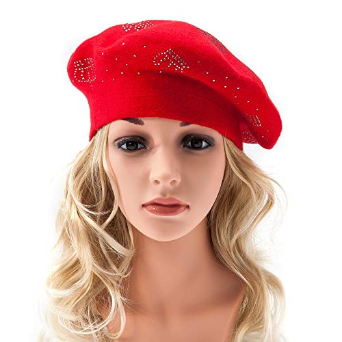 LADYBRO Rhinestone Beret Hats for Women 2 Layers Wool Knit Cap Lady Winter - color: Red-top Rhinestones