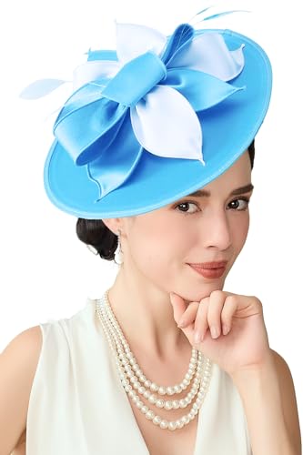 BABEYOND Derby Hats for Women Wide Brim Flower Feather Tea Party Fascinator - color: Sky Blue