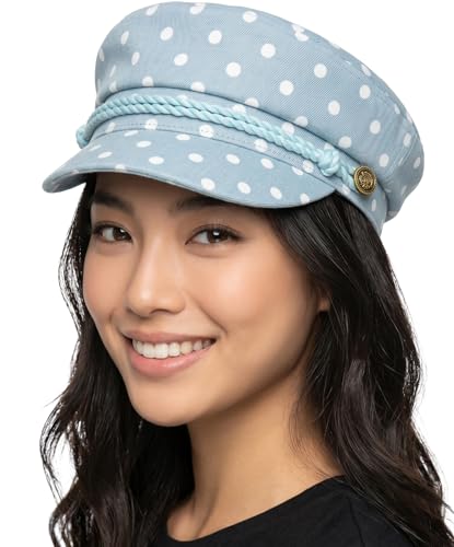 Funky Junque Greek Fisherman Newsboy Cap, Cotton Captains Bakerboy Hat - color: Polka Dots - Dusty Blue