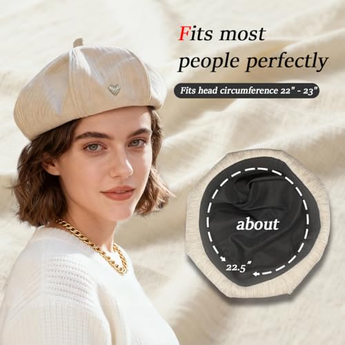 Women's Chenille Beret - Soft & Warm French Hat with Metal Heart Accent for Fall/Winter. - color: Beige