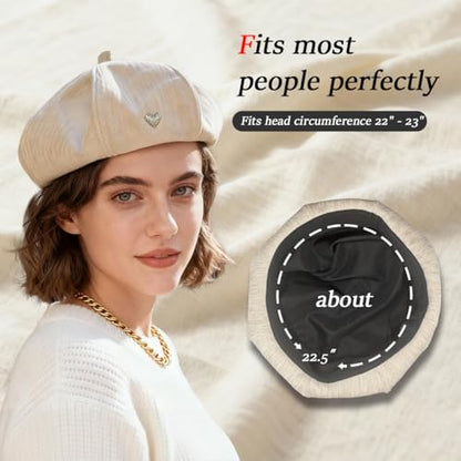 Women's Chenille Beret - Soft & Warm French Hat with Metal Heart Accent for Fall/Winter. - color: Beige