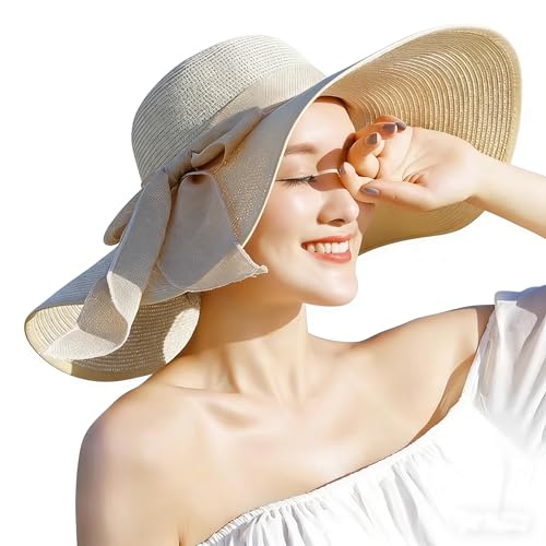 Womens Sun Straw Hat Wide Brim UPF 50+ Fashion Foldable Packable Floppy Beach Hat for Women Travel Outdoor Beige