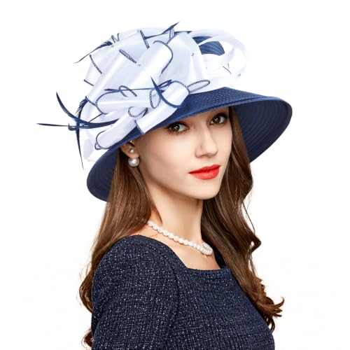 2026 Bucket Hats for Women Ladies Girls, Autumn Winter Fascinator Hat for Derby Kentucky Church Bridal UV Protection - color: A-4585b-dark Blue/White