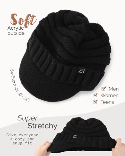 Hat Hut Beanie Hats for Women Men Satin Lined Winter Hats for Women Slouchy Beanies Satin Lined Beanie with Brim Visor - color: Black
