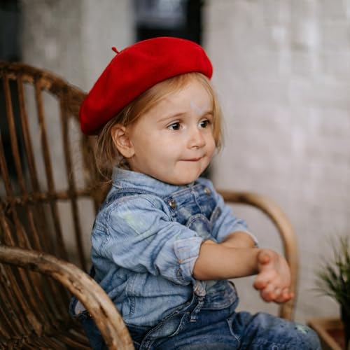 Wheebo Berets for Kids Wool French Beret Hats Artist Painter Hats for Little Girls Boys Solid Color Style - color: Red