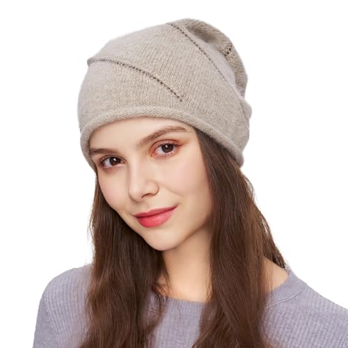 Women's Knitted Angora Wool Hat for Autumn and Winter Warm and Stylish with Rolled Brim and Slanted Rhinestones Cap - color: New-camel