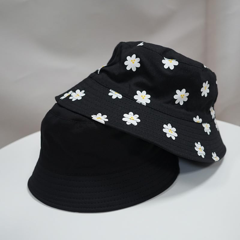 Printed Bucket Hat - Reversible Packable Summer Travel Beach Sun Cap for Men Women Teens - color: Daisy Black