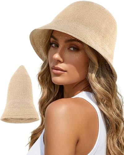 Babalet Summer Straw Beach Sun Hats for Women Packable Floppy Bucket Hat - color: Beige