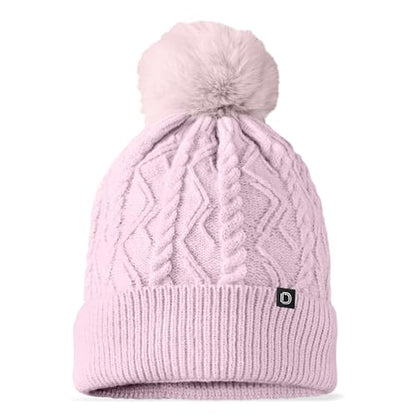 DALIX Cable Knit Pom Beanie Soft Stretch Skully Warm Fuzzy Faux Sherpa Winter Ski Beanie - color: Orchid