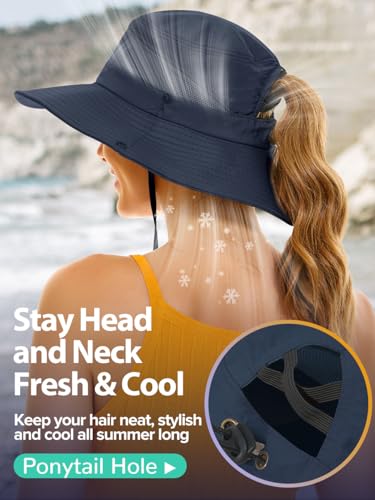 EW East Water Sun Beach Hat for Women, UPF50+ Waterproof with Ponytail Hole - color: Navy Blue