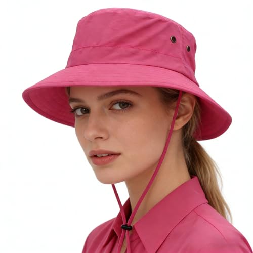 Women Lightweight Safari Sun Hat Quick Dry Fishing Hat with Strap Cool - color: Rose Red