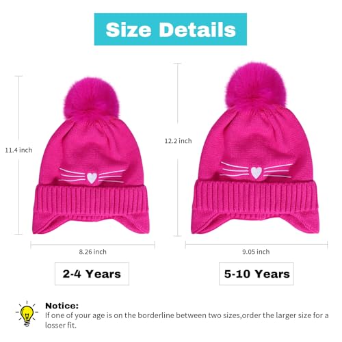 Girls Beanie Knit Hat with Ear Flaps Rainbow Cat Hats Toddler Kids Winter Outdoor Skull Snow Ski Cap Age 2-10 - color: Hot Pink, size: 2-4T