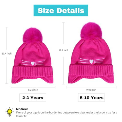 Girls Beanie Knit Hat with Ear Flaps Rainbow Cat Hats Toddler Kids Winter Outdoor Skull Snow Ski Cap Age 2-10 - color: Hot Pink, size: 2-4T