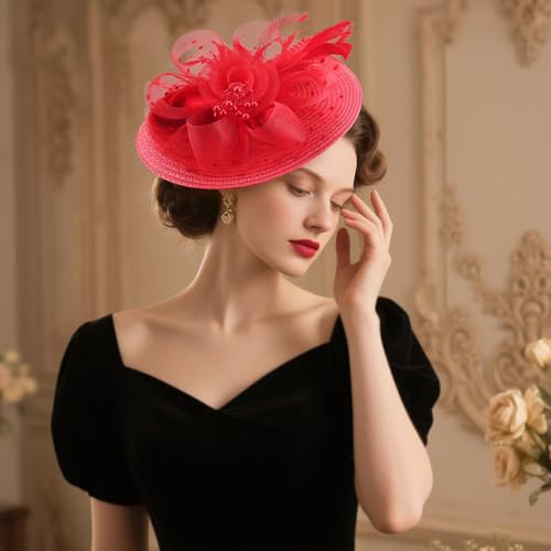 DRESHOW Fascinators Hat Flower Mesh Feathers Hat with a Headband and a Clip 7.9" Tea Party Headwear for Women - color: 1 Pack Folded Style 2: Red / 7.9"