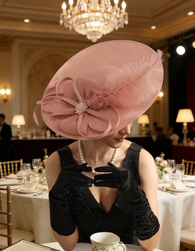 Unpifolov Fascinators Hats Elegant Women Flower Mesh Feathers Wedding Cocktail Bride Headband for Derby Hat Tea Party - color: Pink