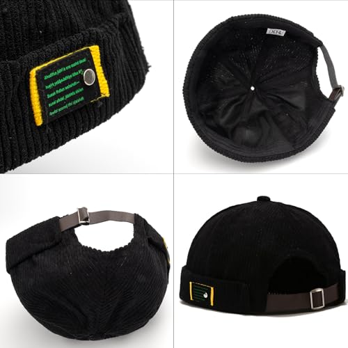 Men Docker Cap Brimless Skullcap Sailor Cap Rolled Cuff Retro Beanie Hat with Adjustable - color: Corduroy Black