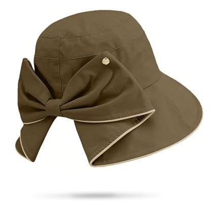 Women's Foldable Wide Brim Bowknot Bucket Hat Sun Protective - color: Brown