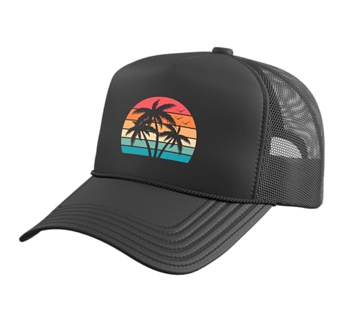 Retro Tropical Beach Palm Trees Hawaii Sunset Men Women Kids Trucker Hat with Adjustable Mesh Back - color: Black