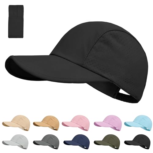 Foldable Baseball Cap for Men and Women,Long Brim Breathable Baseball Hats Quick Dry Sun Protection Collapsible Portable Hat - color: Black