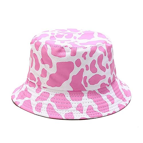 Unisex Print Double-Side-Wear Reversible Bucket Hat - color: Cow Pattern Pink