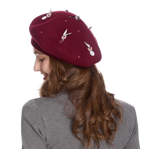 ZLYC Women French Beret Hat Reversible Knit Thickened Warm Artist Cap - color: Paillettes Bunny Burgundy