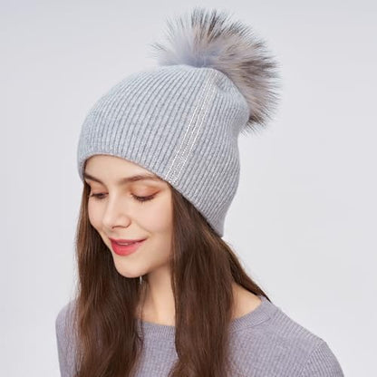 Women's Knitted Angora Wool Hat for Autumn and Winter Warm and Stylish with Rolled Brim and Slanted Rhinestones Cap - color: A-silver