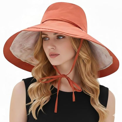 HUAMULAN Women Wide Brim Reversible Sun Hat Summer Beach Fishing Bucket - color: Orange