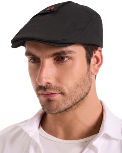 ZLYC Men Cotton Flat Cap Summer Scally Newsboy Beret Driver Hat - color: Button Decor Black