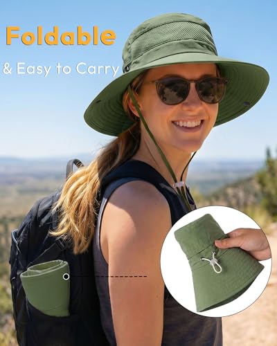 Women's Sun Hat Sun Protection Wide Brim Bucket with Ponytail Hole Summer - color: Green