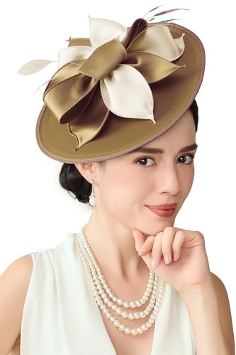 BABEYOND Derby Hats for Women Wide Brim Flower Feather Tea Party Fascinator - color: Coffee