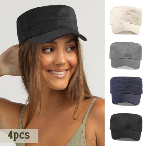 Glamorstar Unisex Cadet Army Hats 4 Pieces Military Flat Top Newsboy Cap - color: Black+grey+navy+beige