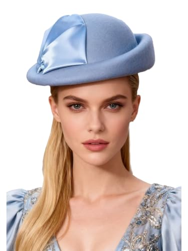 Light Blue Wool Felt Beret Fascinator Hat For Women Ladies Femme With Bead