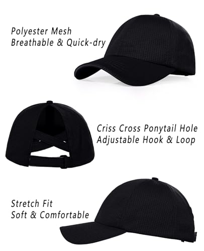 ZTL Womens High Ponytail Baseball Cap Performance Mesh Hat, Lightweight Quick Dry Race Day Running Hat with Reflective Trim - color: Black