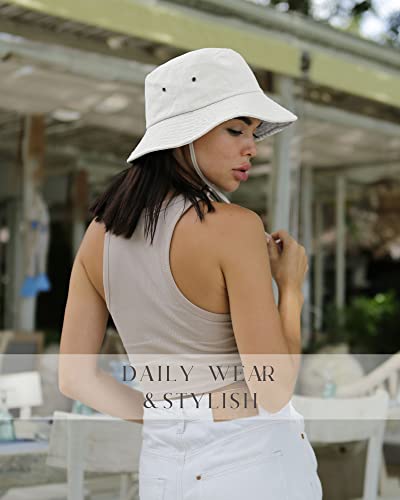 FURTALK Bucket Hats for Women Washed Cotton Packable Summer Beach Sun Hats Bucket Hat with Strings for Travel - color: White