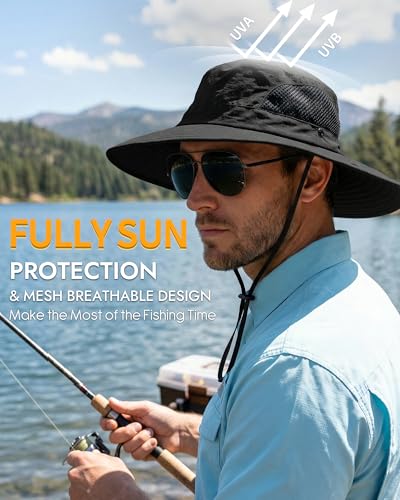 Sun Hats for Men Women UV Sun Protection Waterproof Wide Brim Bucket Hat - color: Black