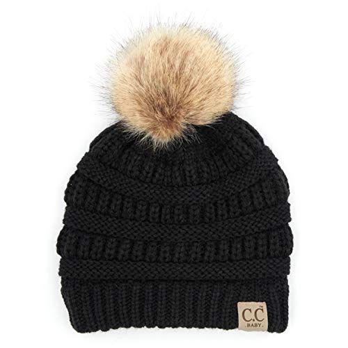 Funky Junque Baby Pom Pom Beanie – Soft Knit Infant Winter Hat for Baby Girls & Boys, Cozy Warm Newborn Beanie 0–12 Months - color: Black - Faux Fur Pom