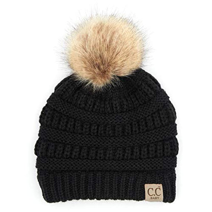 Funky Junque Baby Pom Pom Beanie – Soft Knit Infant Winter Hat for Baby Girls & Boys, Cozy Warm Newborn Beanie 0–12 Months - color: Black - Faux Fur Pom