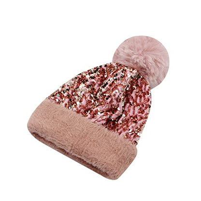 Women Sparkly Sequins Knitted Beanie Hat Warm Winter Skull Cap with Faux Fur Pom Pom - color: Pink