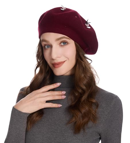 ZLYC Women French Beret Hat Reversible Knit Thickened Warm Artist Cap - color: Paillettes Bunny Burgundy