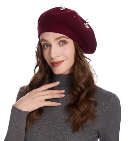 ZLYC Women French Beret Hat Reversible Knit Thickened Warm Artist Cap - color: Paillettes Bunny Burgundy