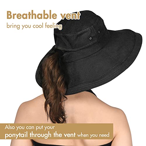 Hatiis Womens Sun Hat with Ponytail Hole Cotton Shapeable Wide Brim - color: Black