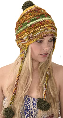Hand Knitted 100% Merino Wool Ear Flap Snowboard Ski Chullo Peruvian Style Nepal Himalayan Sherpa Earflap Fleece Lined Winter Beanie Hat