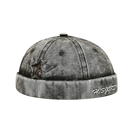 Unisex Washed Denim Distressed Rolled Cuff Brimless Docker Cap - color: Star-army Green