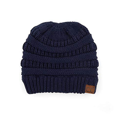 C.C Exclusives Soft Stretch Cable Knit Messy Bun Ponytail Beanie Winter Hat for Women (MB-20A) - color: 0 Criss-cross Navy