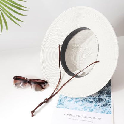 DRESHOW Womens Summer Straw Sun Hat Wide Brim Bucket Hats Fedora Hat Panama Beach Hat with Chin Strap UPF 50+ - color: 1 Pc Panama Fedora: White